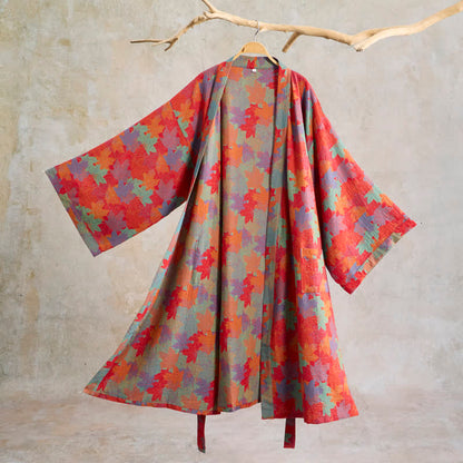 Kimono-Bademantel aus Baumwolle mit Ahornblattmuster für den Herbst - Rot & Grün - XXL - image 0