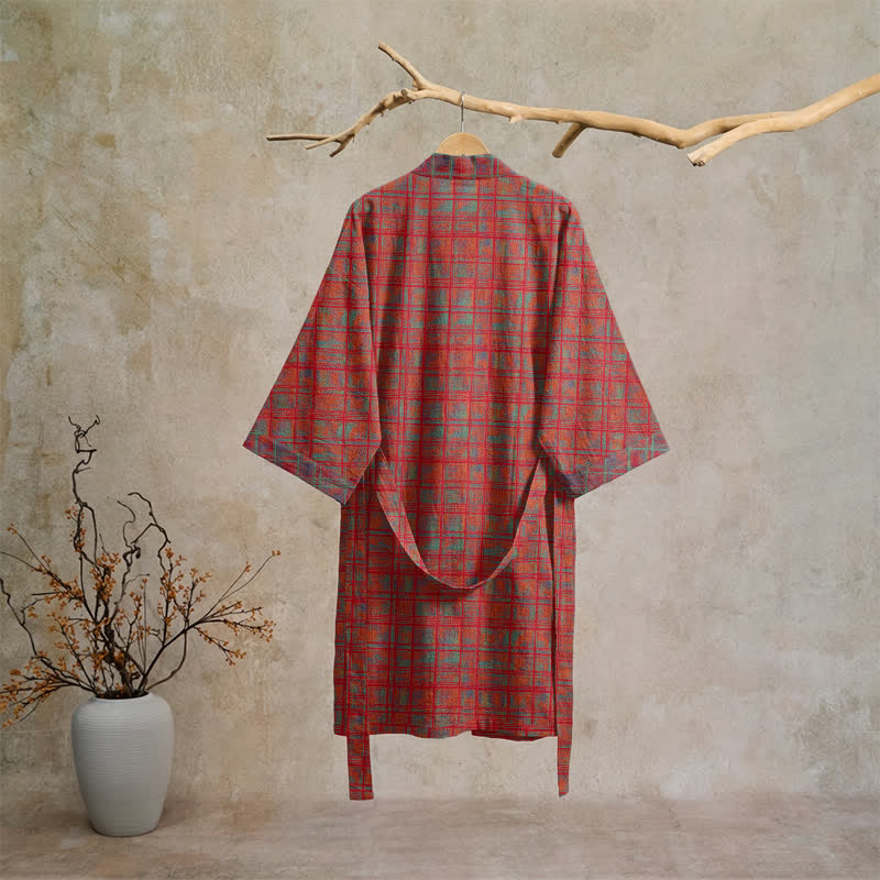 Kimono-Bademantel aus rot kariertem Baumwollgaze - image 1