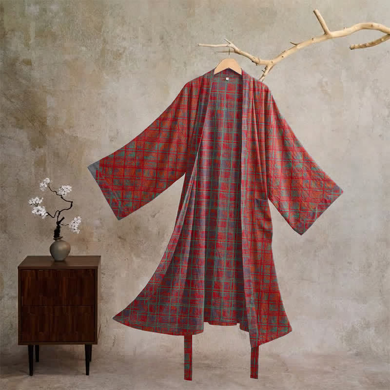 Kimono-Bademantel aus rot kariertem Baumwollgaze - Rot - XL - image 0