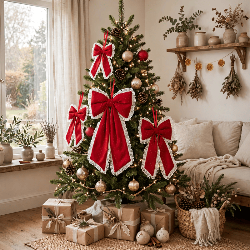Weihnachtsschmuck: Rote Schleife aus Spitze und Strasssteinen - image 4