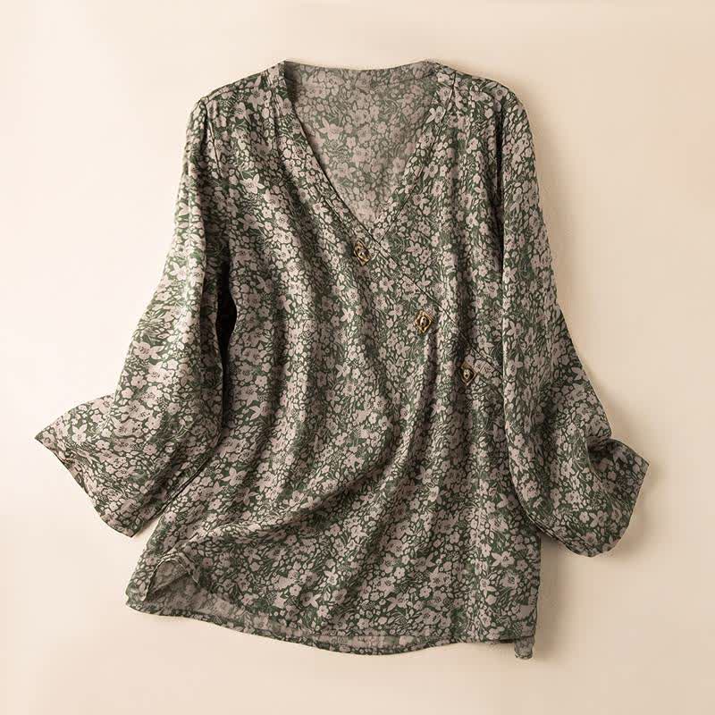 Vintage Loungeshirt mit Blumenmuster und Wickeloptik - Grün - XXL - image 0
