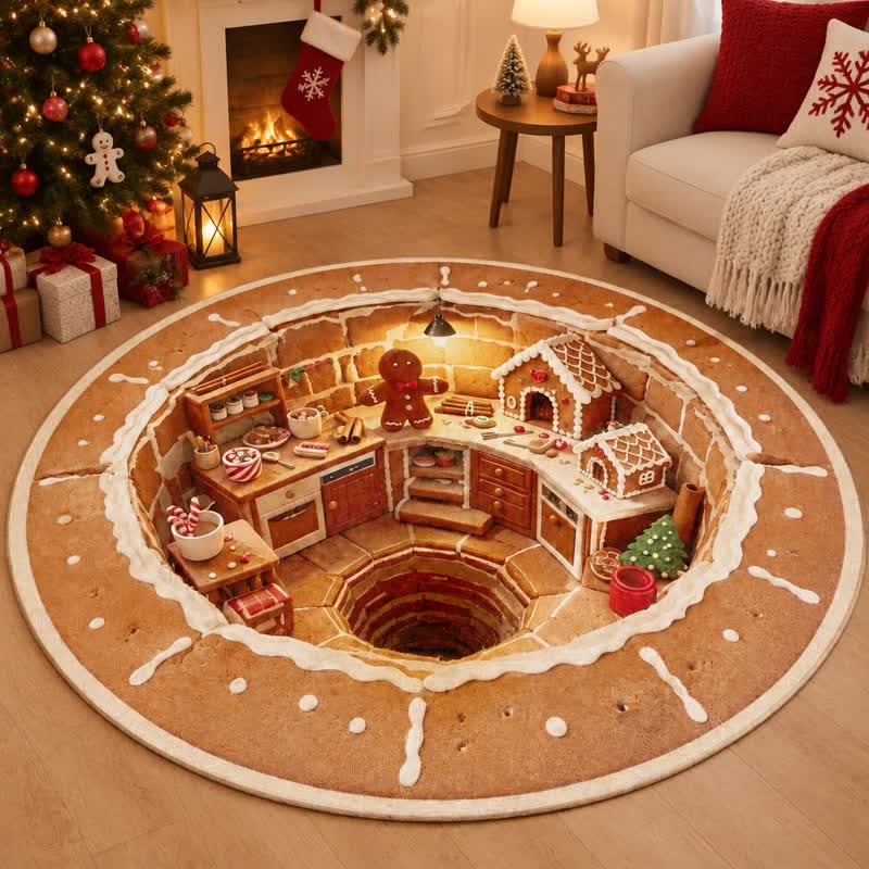 Runder 3D-Lebkuchenhaus-Weihnachtsteppich - image 1