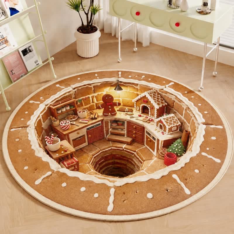 Runder 3D-Lebkuchenhaus-Weihnachtsteppich - 160 x 160cm - image 0
