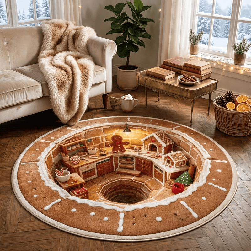 Runder 3D-Lebkuchenhaus-Weihnachtsteppich - image 2