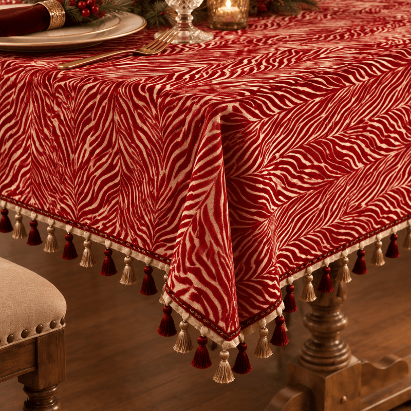 Weihnachtstischdecke mit rotem Zebrastreifen und Quasten - image 2