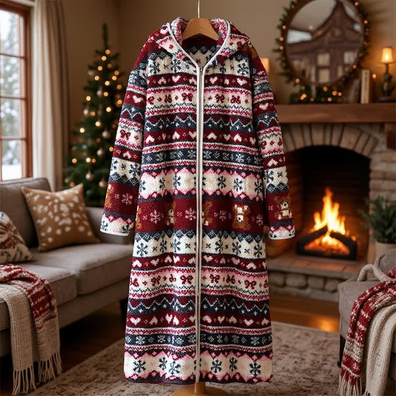 Weihnachtlicher Fleece-Bademantel mit Schneeflocken- und Bärenmotiv und Kapuze - image 4