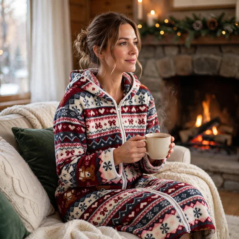 Weihnachtlicher Fleece-Bademantel mit Schneeflocken- und Bärenmotiv und Kapuze - Einheitsgröße - image 1