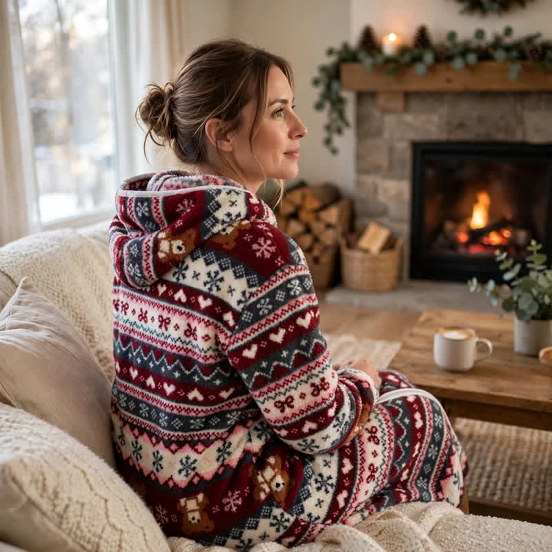 Weihnachtlicher Fleece-Bademantel mit Schneeflocken- und Bärenmotiv und Kapuze - image 2