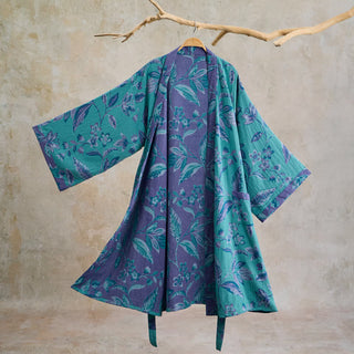 Kimono-Bademantel aus blauer und violetter Blattbaumwolle - Blau - XL - image 0