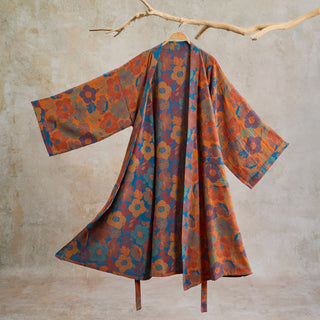 Vintage Kimono-Bademantel aus Baumwolle mit Blumenmuster - Orange - XL - image 0