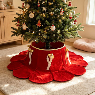 Samtiger Weihnachtsbaumkragen mit Blütenblattrock - Rot - 4 Stück - 37 Zoll Grundfläche x 16 Zoll Oberseite x 8 Zoll Höhe - image 0