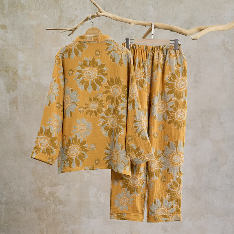Retro-Sonnenblumen-Baumwoll-Loungewear-Pyjama-Set - image 1