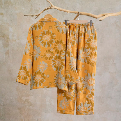 Retro-Sonnenblumen-Baumwoll-Loungewear-Pyjama-Set - image 1