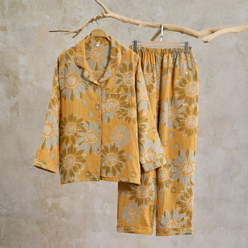 Retro-Sonnenblumen-Baumwoll-Loungewear-Pyjama-Set - Orange - XL - image 0