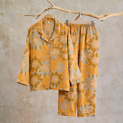 Retro-Sonnenblumen-Baumwoll-Loungewear-Pyjama-Set - Orange - XL - image 0