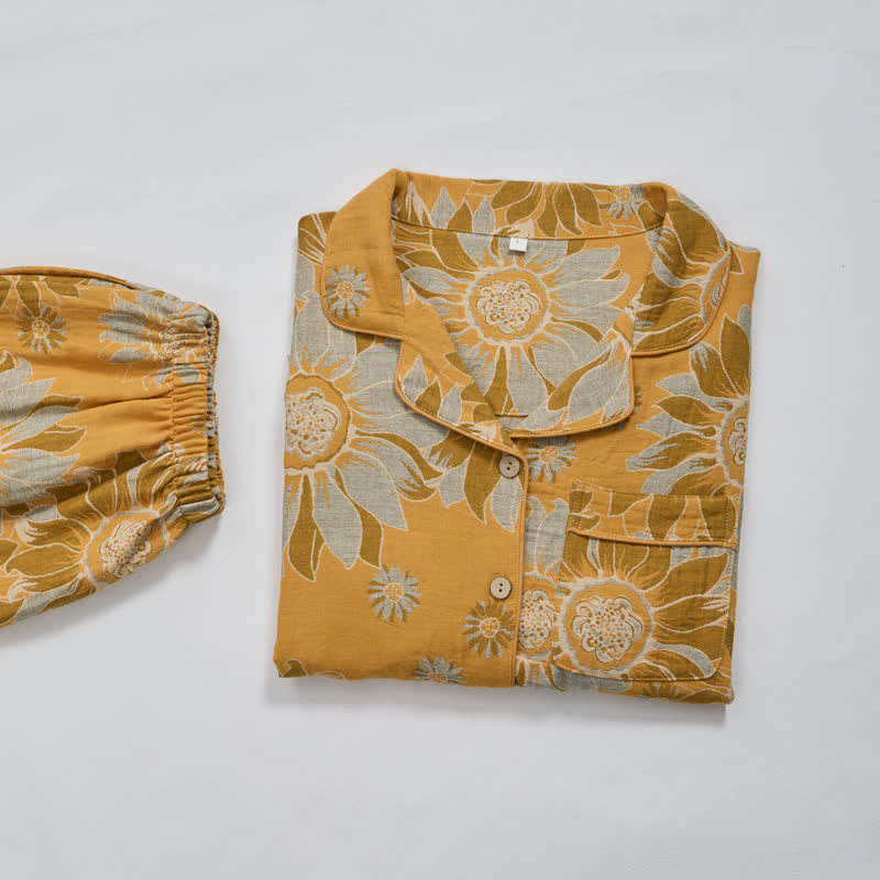 Retro-Sonnenblumen-Baumwoll-Loungewear-Pyjama-Set - image 7