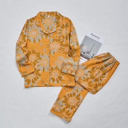 Retro-Sonnenblumen-Baumwoll-Loungewear-Pyjama-Set - image 8
