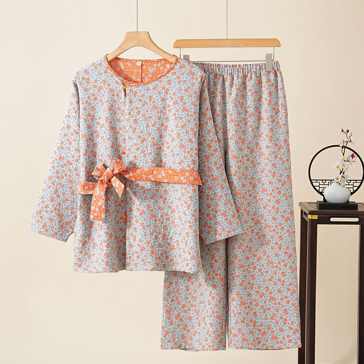 Hausanzug-Set aus Baumwollgaze mit floralem Folk-Muster - Orange - XXL - image 0