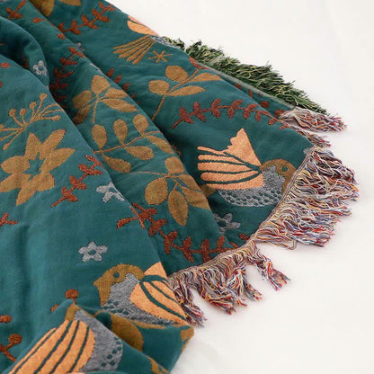 Ownkoti Boho Atmungsaktive Wendedecke mit Blumen und Vögeln