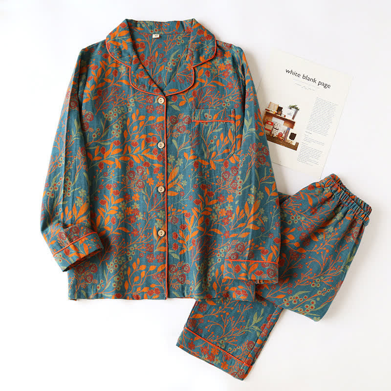 Vintage Loungewear-Set aus Baumwolle mit Blattmotiv und Revers - Blau & Orange - XL - image 12
