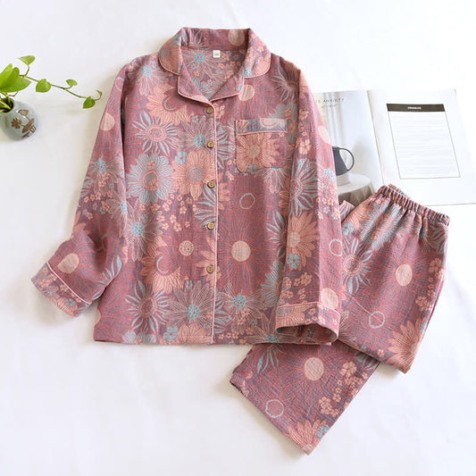 Loungewear-Set aus Baumwollgaze mit Jacquard-Sonnenblumenmuster