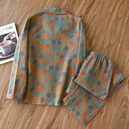 Blattgrünes Loungewear-Set aus Baumwollgaze