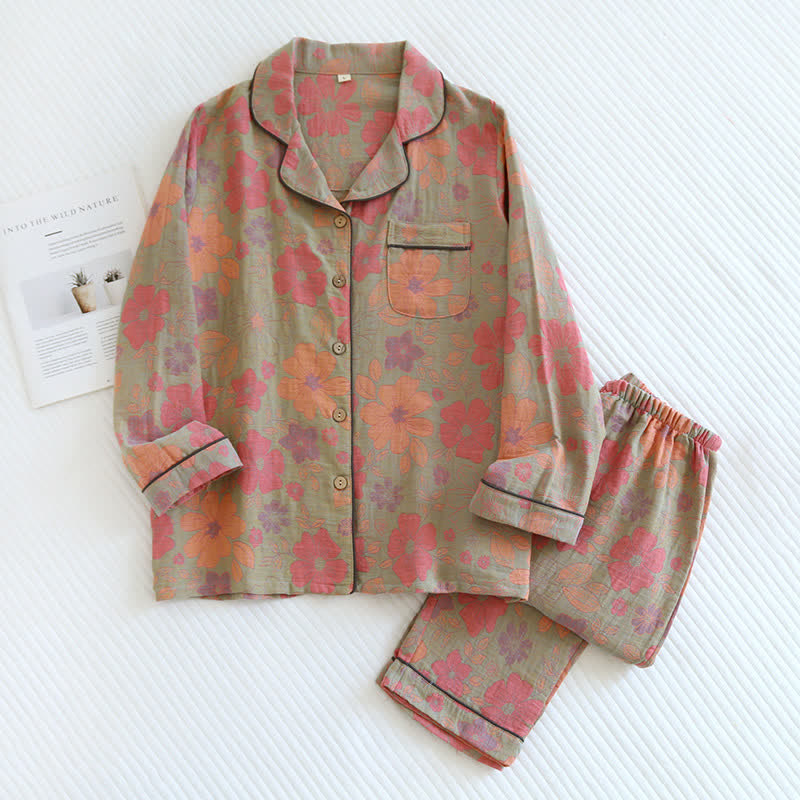 Vintage Blumen-Pyjama-Set aus Baumwollgaze