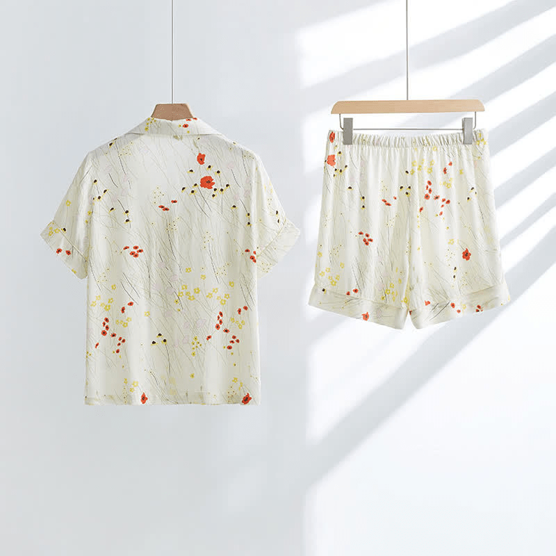 Atmungsaktives Loungewear-Set mit Blumenblatt-Print und V-Ausschnitt