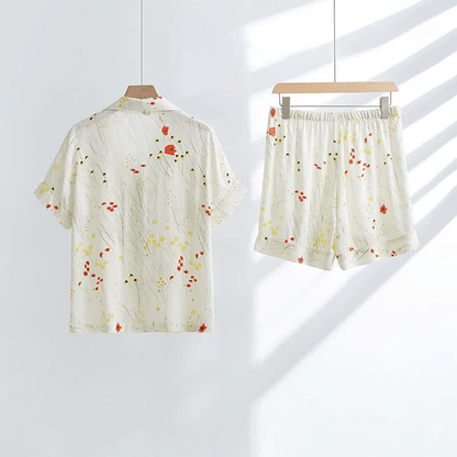 Atmungsaktives Loungewear-Set mit Blumenblatt-Print und V-Ausschnitt