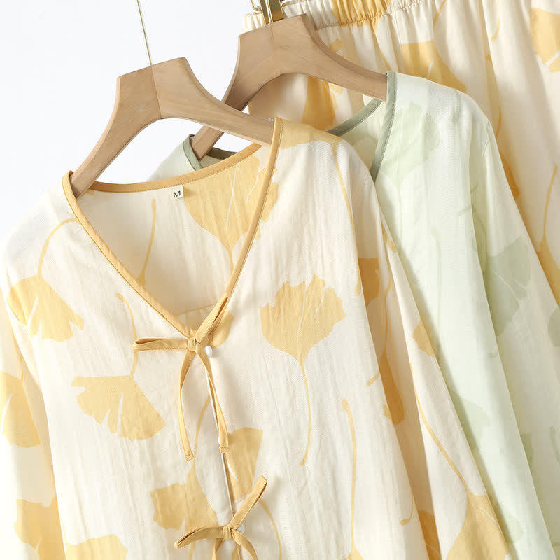 Loungewear-Set aus Baumwolle mit Ginkgoblatt-Schleife