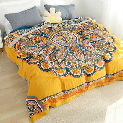 Ownkoti Bohemian Wende-Sommersteppdecke mit gelben Blumen
