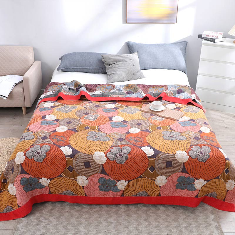 Bunte Wendedecke aus Baumwollgaze in Persimmon