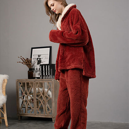 Ownkoti Schlichtes, warmes Loungewear-Set mit V-Ausschnitt für den Winter
