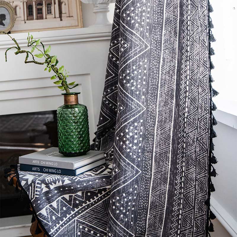 Ownkoti Bohemian-Vorhänge mit geometrischen Mustern, Baumwolle, mit Quasten, Schwarz