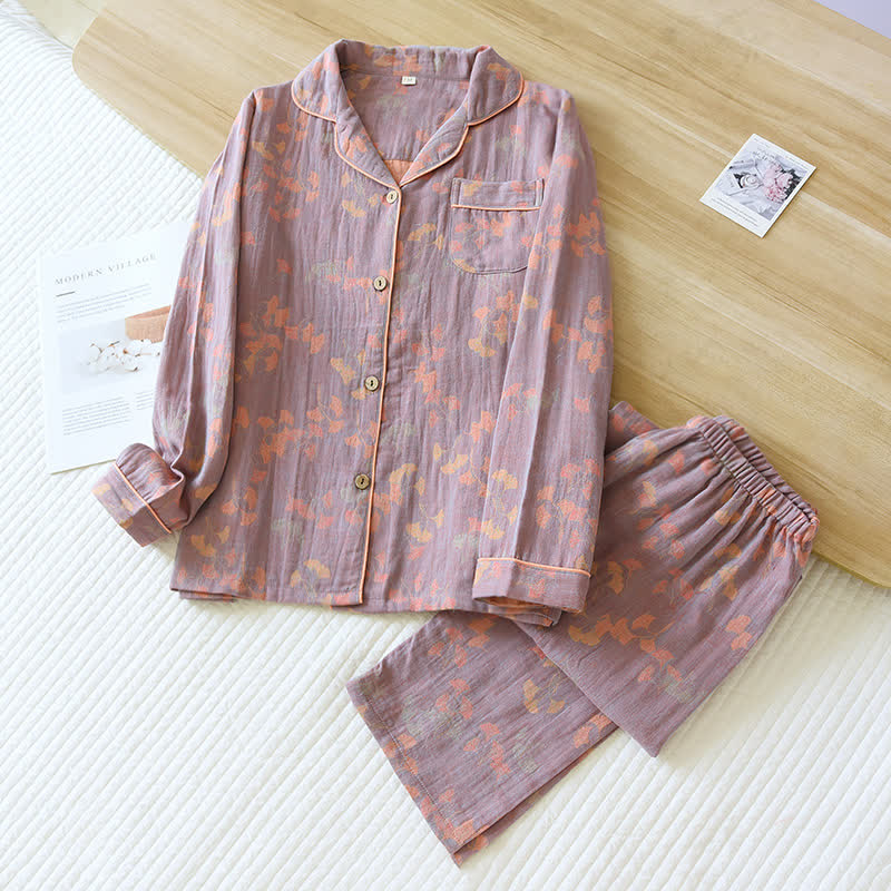 Loungewear-Set aus Baumwolle mit Ginkgo-Reversausschnitt
