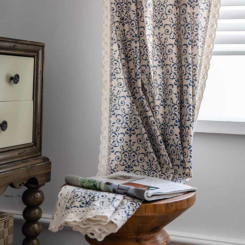 Ownkoti Boho-Vorhang mit blauem Muster, halbverdunkelnd