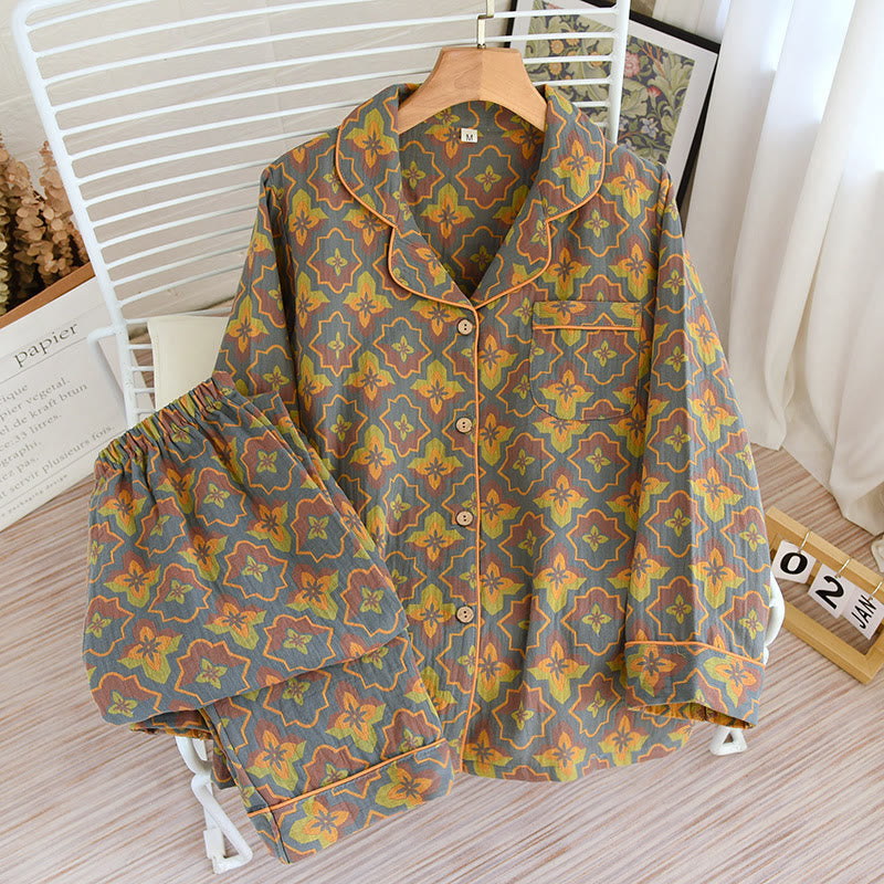 Loungewear-Set aus Baumwolle mit Rhombus-Blumenrevers