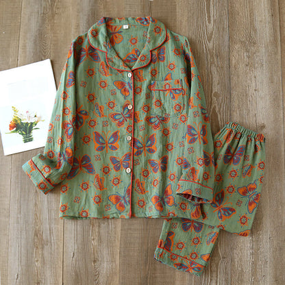 Vintage Loungewear-Set aus Baumwolle mit Schmetterlingsmuster - Grün - XL - image 1