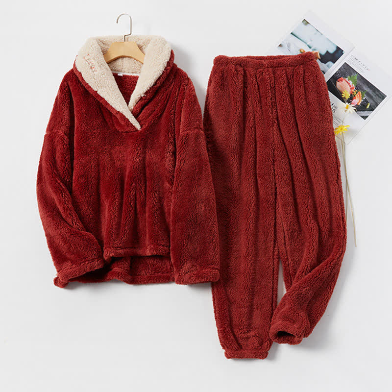 Ownkoti Schlichtes, warmes Loungewear-Set mit V-Ausschnitt für den Winter