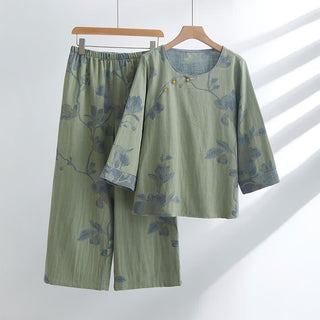 Bequemes Loungewear-Set aus Baumwolle mit Rundhalsausschnitt und Blumenmuster