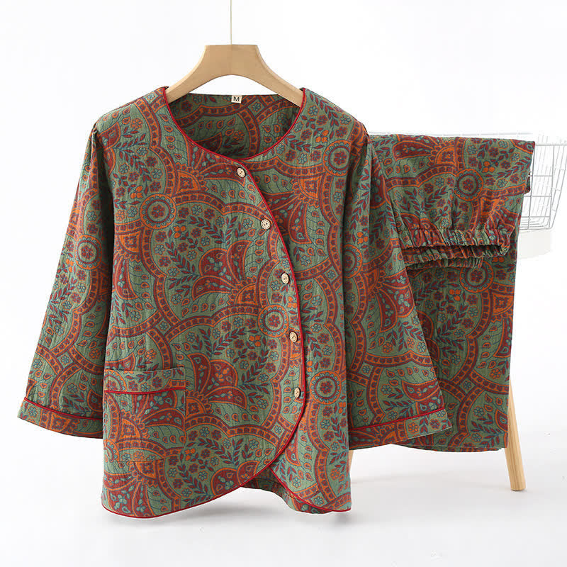 Loungewear-Set mit Rundhalsausschnitt und Vintage-Jacquardmuster - Grün&Orange - XL - image 1