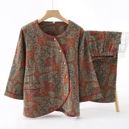 Loungewear-Set mit Rundhalsausschnitt und Vintage-Jacquardmuster - Grün&Orange - XL - image 1