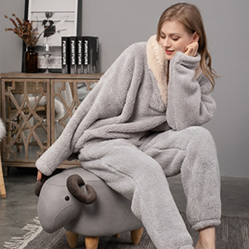 Ownkoti Schlichtes, warmes Loungewear-Set mit V-Ausschnitt für den Winter