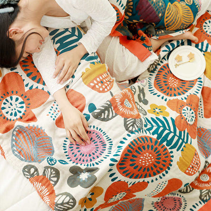 Ownkoti Orangefarbene Baumwollsteppdecke mit Cartoon-Blumenmuster