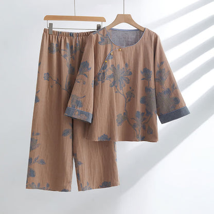 Bequemes Loungewear-Set aus Baumwolle mit Rundhalsausschnitt und Blumenmuster