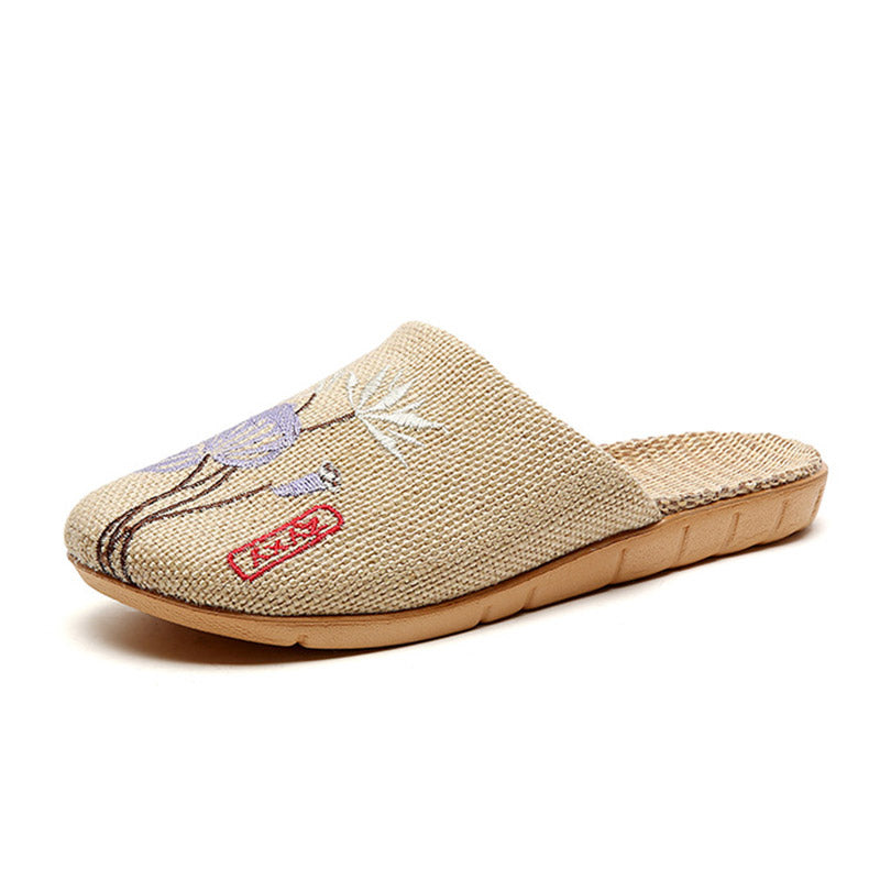 Retro bestickte Lotus Flachs Hausschuhe