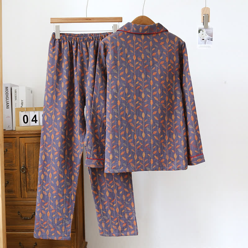 Pyjama-Set mit langen Ärmeln aus Baumwolle im Retro-Blatt-Stil