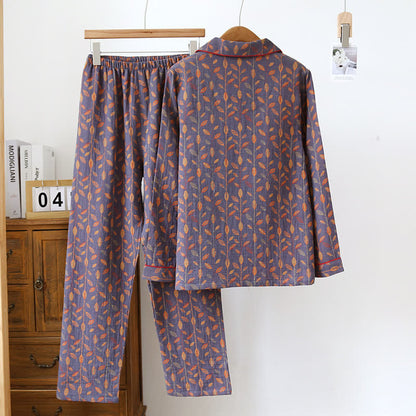 Pyjama-Set mit langen Ärmeln aus Baumwolle im Retro-Blatt-Stil