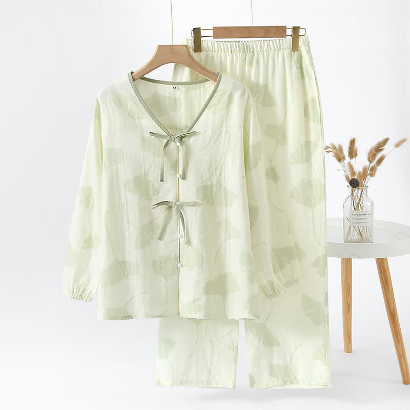 Loungewear-Set aus Baumwolle mit Ginkgoblatt-Schleife
