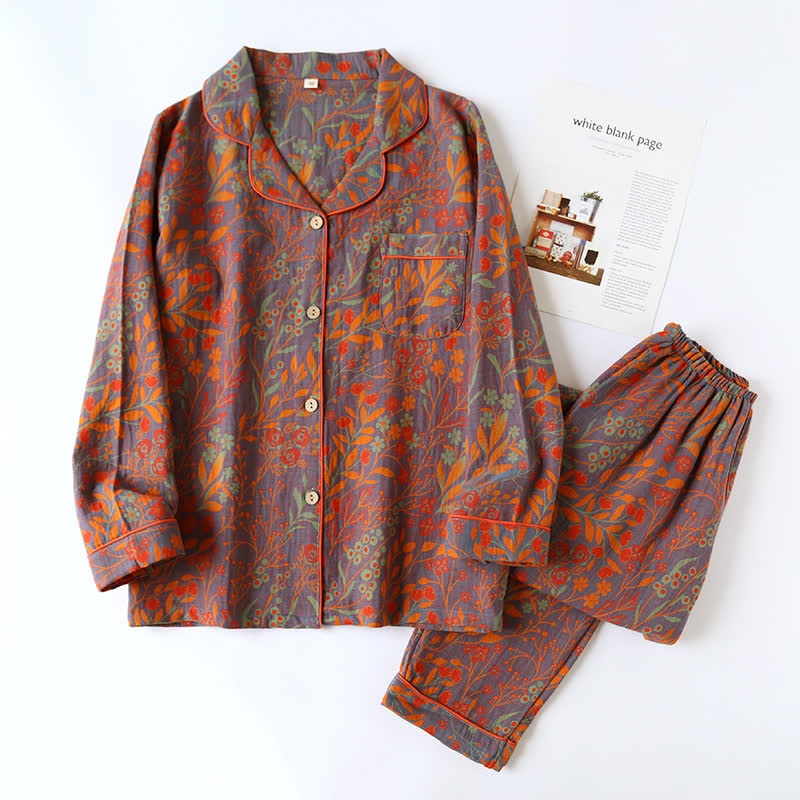 Vintage Loungewear-Set aus Baumwolle mit Blattmotiv und Revers - Grau & Orange - 2XL - image 2